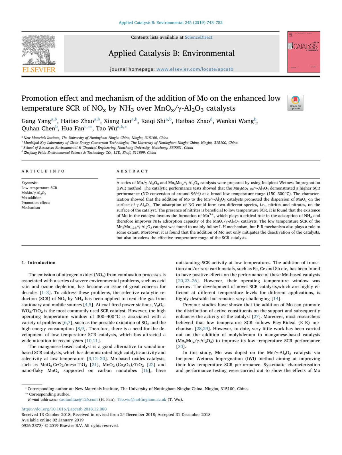 Promotion Effect And Mechanism Of The Addition Of Mo On The Enhanced Low Temperature Scr Of Nox By Nh3 Over Mnoxal2o3 Catalysts Gang Yang Haitao Zhao Xiang Luo Kaiqi Shi Haibao Zhao Wenkai Wang Quhan Chen Hua Fan Tao Wu