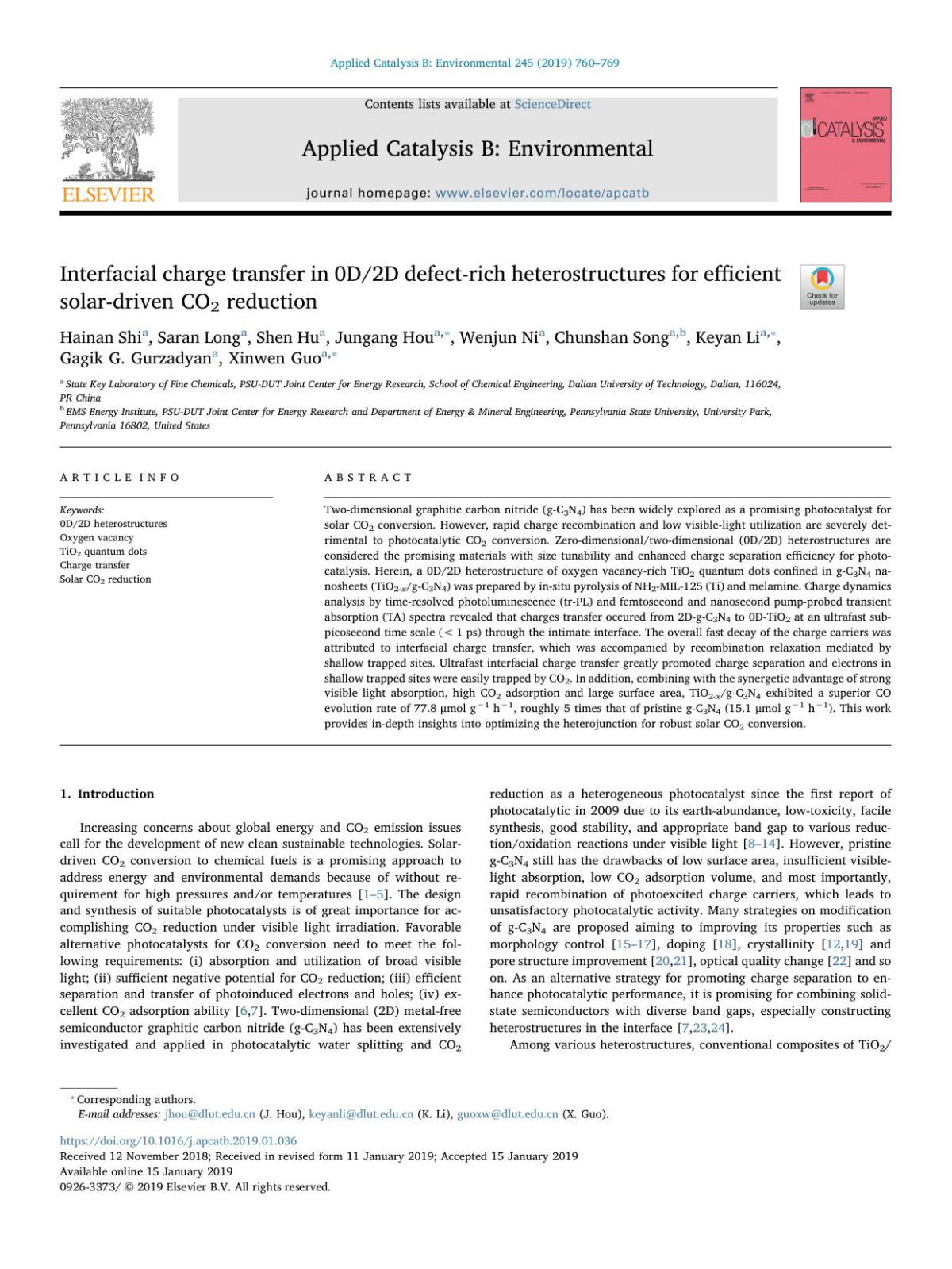Interfacial Charge Transfer In 0d2d Defectrich Heterostructures For Efficient Solardriven Co2 Reduction Hainan Shi Saran Long Shen Hu Jungang Hou Wenjun Ni Chunshan Song Keyan Li Gagik G Gurzadyan Xinwen Guo