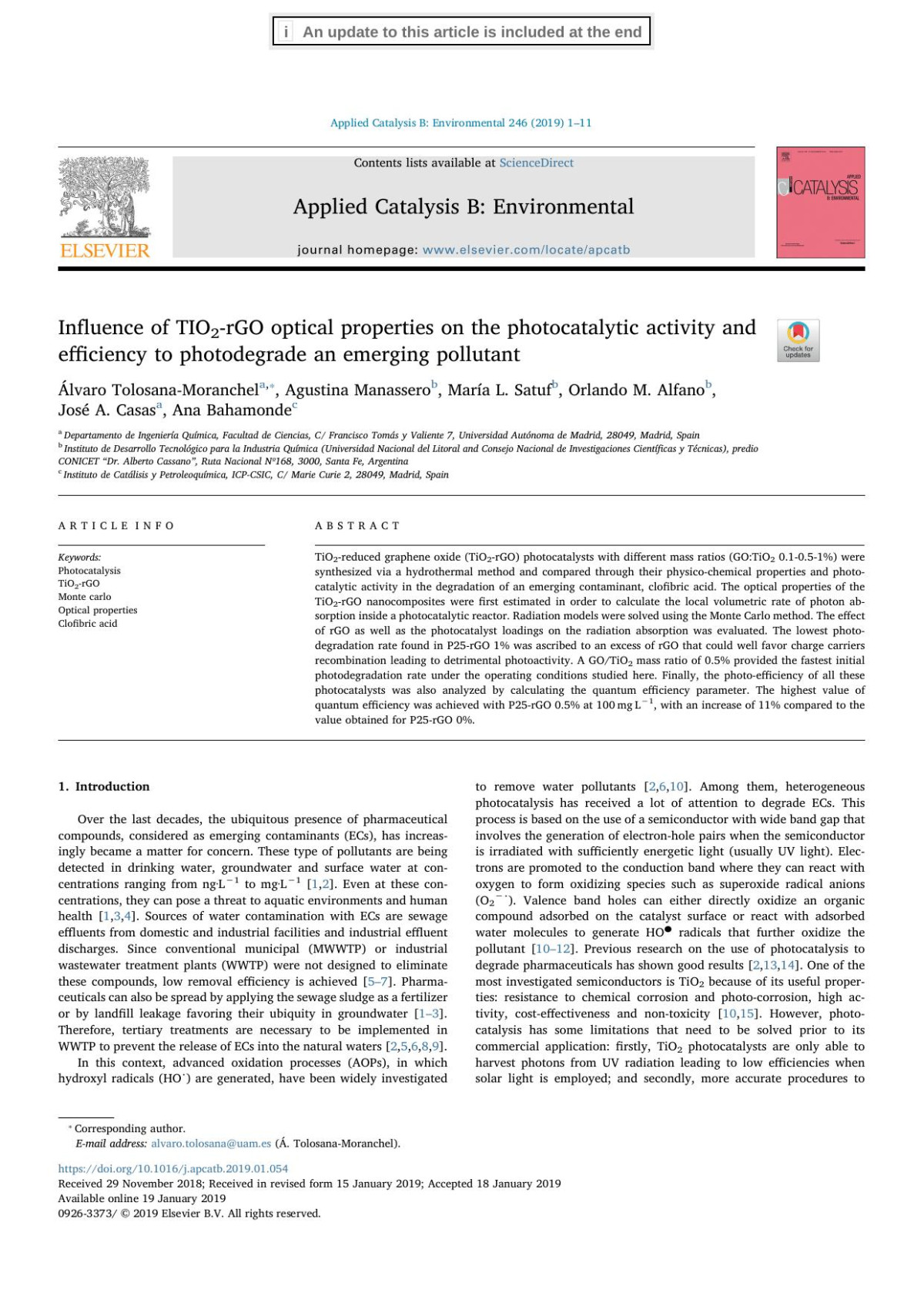 Influence Of Tio2rgo Optical Properties On The Photocatalytic Activity And Efficiency To Photodegrade An Emerging Pollutant Lvaro Tolosanamoranchel Agustina Manassero Mara L Satuf Orlando M Alfano Jos A Casas Ana Bahamonde