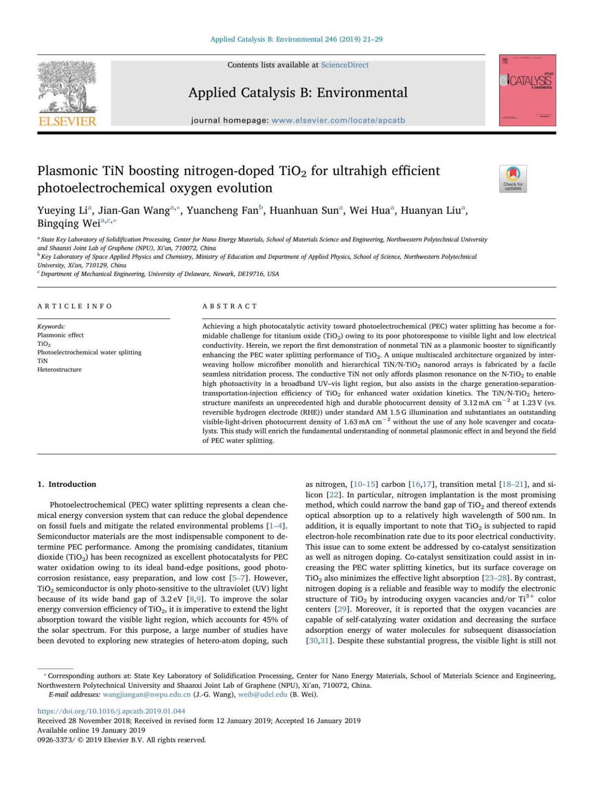 Plasmonic Tin Boosting Nitrogendoped Tio2 For Ultrahigh Efficient Photoelectrochemical Oxygen Evolution Yueying Li Jiangan Wang Yuancheng Fan Huanhuan Sun Wei Hua Huanyan Liu Bingqing Wei