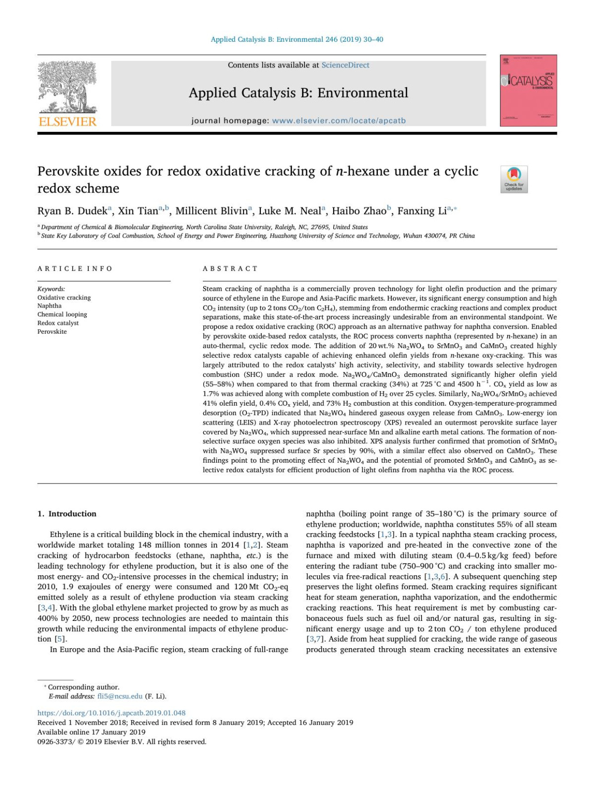 Perovskite Oxides For Redox Oxidative Cracking Of Nhexane Under A Cyclic Redox Scheme Ryan B Dudek Xin Tian Millicent Blivin Luke M Neal Haibo Zhao Fanxing Li