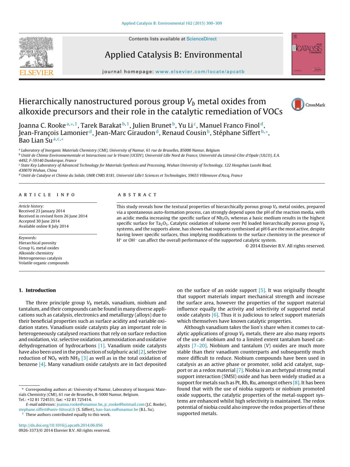 Hierarchically Nanostructured Porous Group Vb Metal Oxides From Alkoxide Precursors And Their Role In The Catalytic Remediation Of Vocs Joanna C Rooke Tarek Barakat Julien Brunet Yu Li Manuel Franco Finol Jeanfranois Lamonier Jeanmarc Giraudon Renaud Cousin Stphane Siffert Bao Lian Su