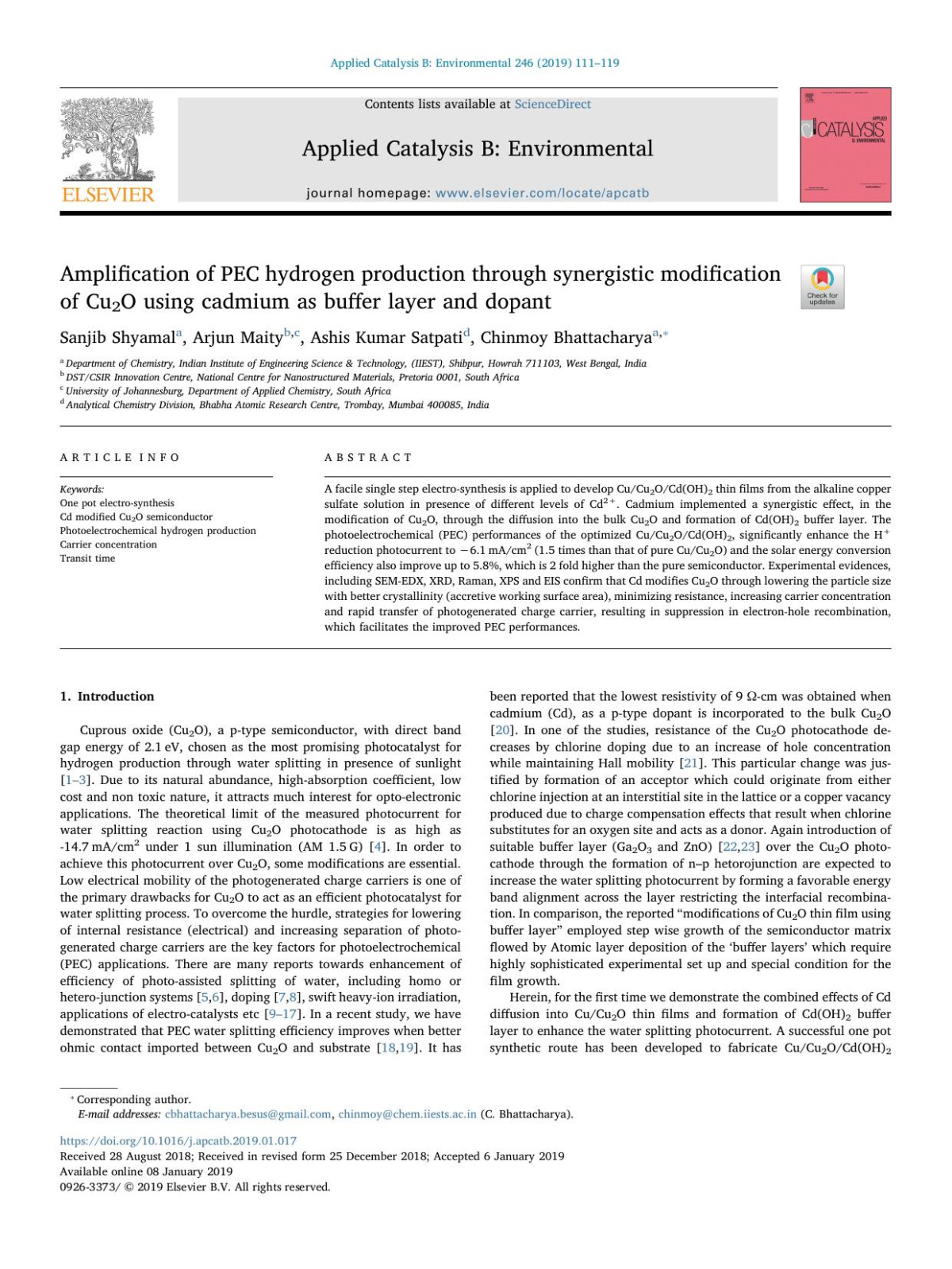Amplification Of Pec Hydrogen Production Through Synergistic Modification Of Cu2o Using Cadmium As Buffer Layer And Dopant Sanjib Shyamal Arjun Maity Ashis Kumar Satpati Chinmoy Bhattacharya
