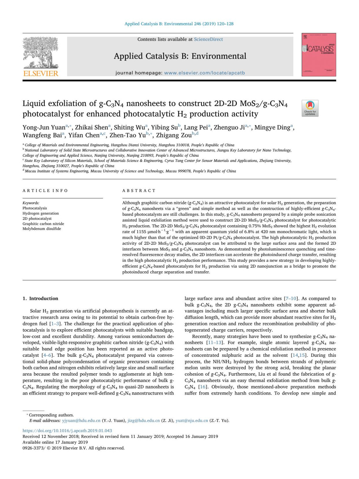 Liquid Exfoliation Of Gc3n4 Nanosheets To Construct 2d2d Mos2gc3n4 Photocatalyst For Enhanced Photocatalytic H2 Production Activity Yongjun Yuan Zhikai Shen Shiting Wu Yibing Su Lang Pei Zhenguo Ji Mingye Ding Wangfeng Bai Yifan Chen Zhentao Yu Zhigang Zou