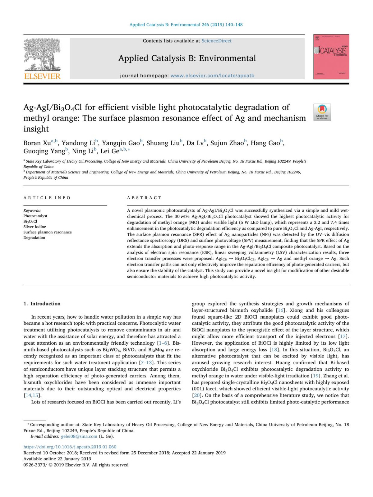 Agagibi3o4cl For Efficient Visible Light Photocatalytic Degradation Of Methyl Orange The Surface Plasmon Resonance Effect Of Ag And Mechanism Insight Boran Xu Yandong Li Yangqin Gao Shuang Liu Da Lv Sujun Zhao Hang Gao Guoqing Yang Ning Li Lei Ge