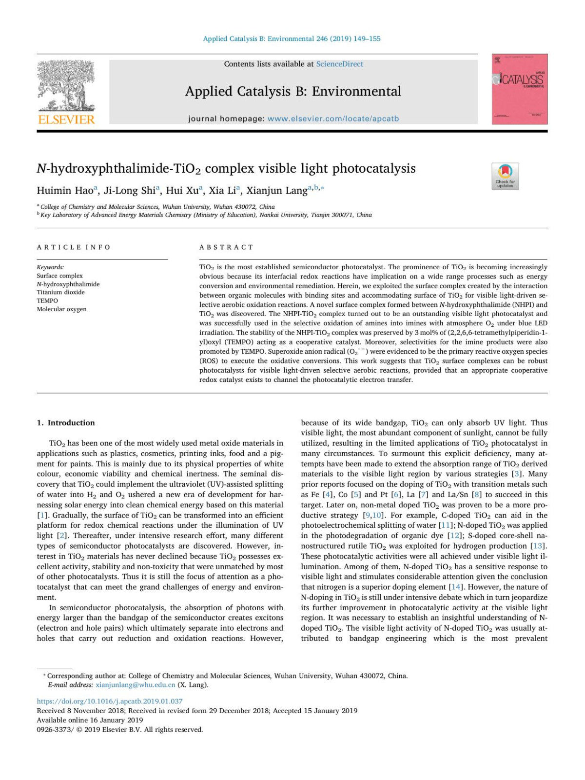 Nhydroxyphthalimidetio2 Complex Visible Light Photocatalysis Huimin Hao Jilong Shi Hui Xu Xia Li Xianjun Lang