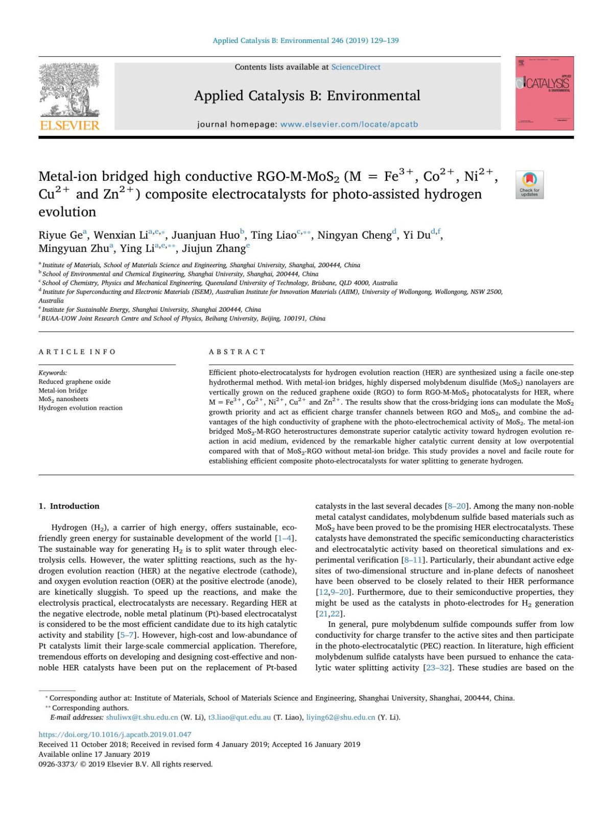 Metalion Bridged High Conductive Rgommos2 M Fe3 Co2 Ni2 Cu2 And Zn2 Composite Electrocatalysts For Photoassisted Hydrogen Evolution Riyue Ge Wenxian Li Juanjuan Huo Ting Liao Ningyan Cheng Yi Du Mingyuan Zhu Ying Li Jiujun Zhang