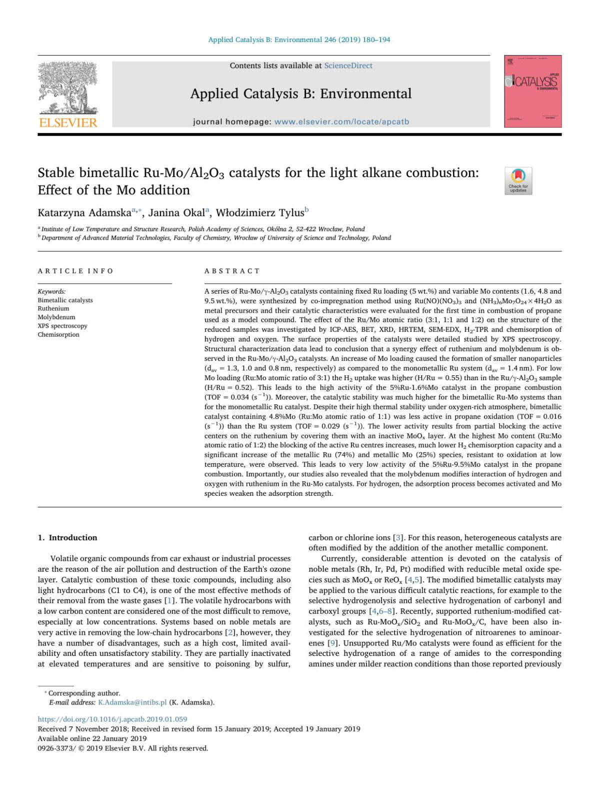 Stable Bimetallic Rumoal2o3 Catalysts For The Light Alkane Combustion Effect Of The Mo Addition Katarzyna Adamska Janina Okal Wodzimierz Tylus
