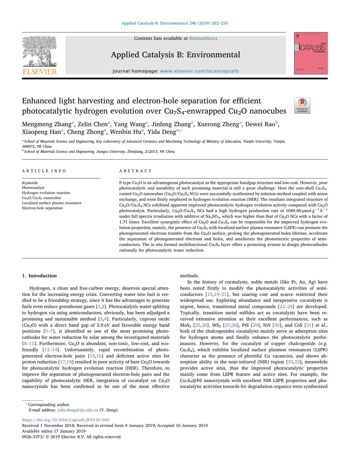 Enhanced Light Harvesting And Electronhole Separation For Efficient Photocatalytic Hydrogen Evolution Over Cu7s4enwrapped Cu2o Nanocubes Mengmeng Zhang Zelin Chen Yang Wang Jinfeng Zhang Xuerong Zheng Dewei Rao Xiaopeng Han Cheng Zhong Wenbin Hu Yida Deng