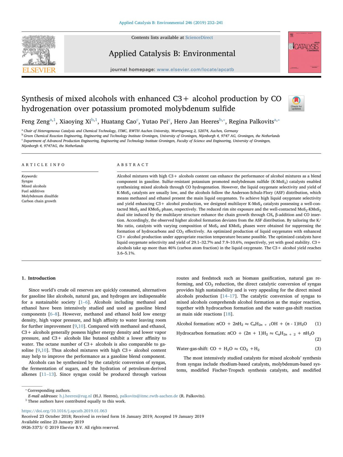 Synthesis Of Mixed Alcohols With Enhanced C3 Alcohol Production By Co Hydrogenation Over Potassium Promoted Molybdenum Sulfide Feng Zeng Xiaoying Xi Huatang Cao Yutao Pei Hero Jan Heeres Regina Palkovits