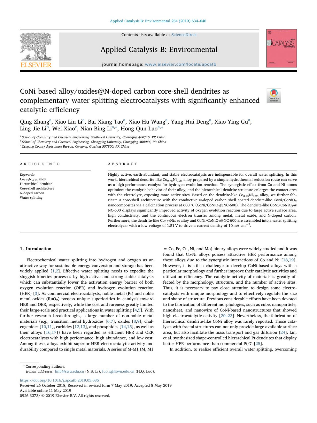 Coni Based Alloyoxidesndoped Carbon Coreshell Dendrites As Complementary Water Splitting Electrocatalysts With Significantly Enhanced Catalytic Efficiency Qing Zhang Xiao Lin Li Bai Xiang Tao Xiao Hu Wang Yang Hui Deng Xiao Ying Gu Ling Jie Li Wei Xiao Nian Bing Li Hong Qun Luo