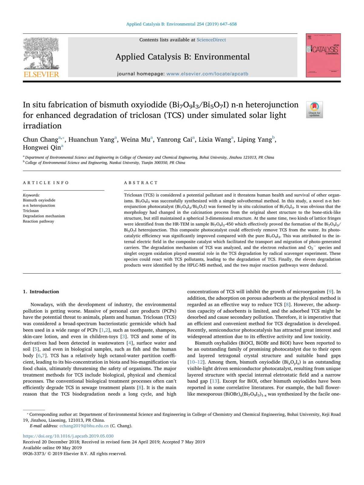 In Situ Fabrication Of Bismuth Oxyiodide Bi7o9i3bi5o7i Nn Heterojunction For Enhanced Degradation Of Triclosan Tcs Under Simulated Solar Light Irradiation Chun Chang Huanchun Yang Weina Mu Yanrong Cai Lixia Wang Liping Yang Hongwei Qin