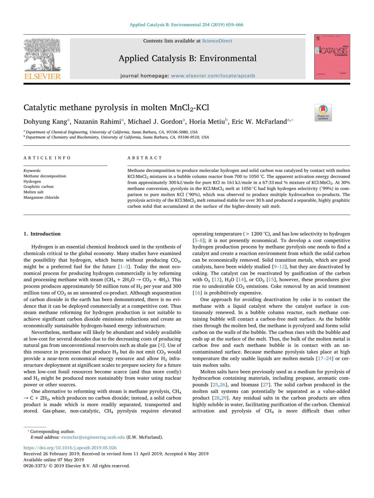 Catalytic Methane Pyrolysis In Molten Mncl2kcl Dohyung Kang Nazanin Rahimi Michael J Gordon Horia Metiu Eric W Mcfarland
