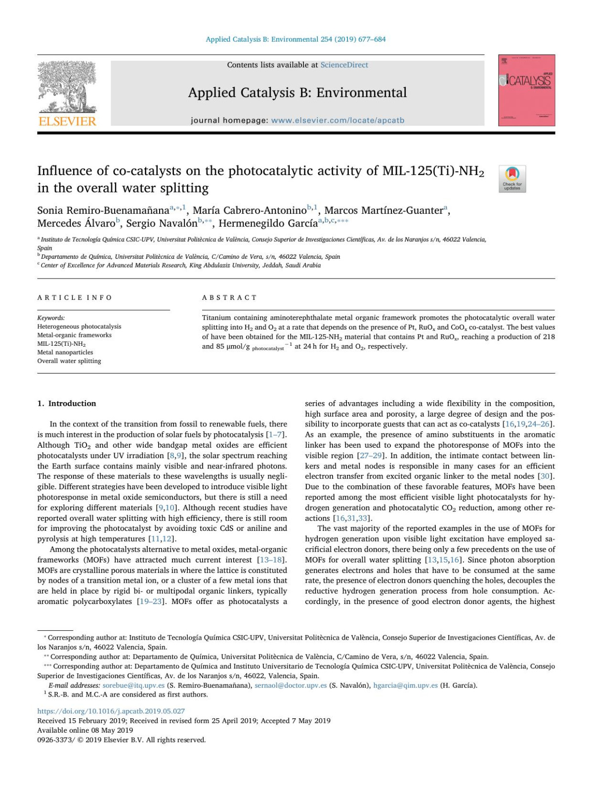 Influence Of Cocatalysts On The Photocatalytic Activity Of Mil125tinh2 In The Overall Water Splitting Sonia Remirobuenamaana Mara Cabreroantonino Marcos Martnezguanter Mercedes Lvaro Sergio Navaln Hermenegildo Garca