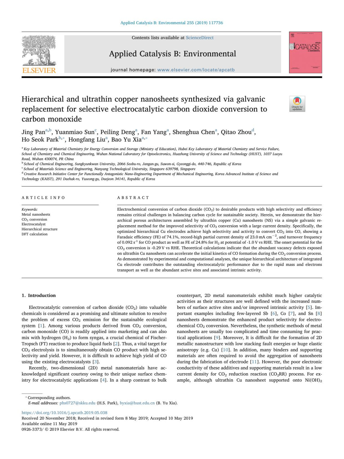 Hierarchical And Ultrathin Copper Nanosheets Synthesized Via Galvanic Replacement For Selective Electrocatalytic Carbon Dioxide Conversion To Carbon Monoxide Jing Pan Yuanmiao Sun Peiling Deng Fan Yang Shenghua Chen Qitao Zhou Ho Seok Park Hongfang Liu Bao Yu Xia