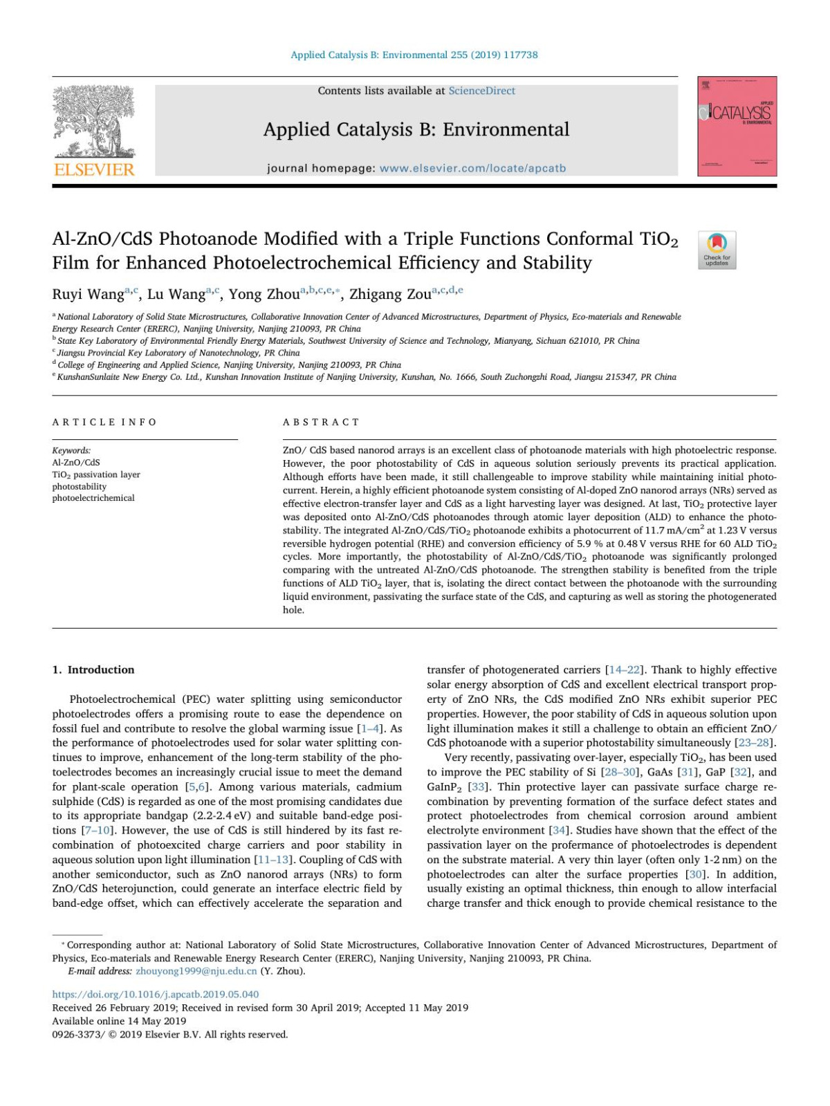Alznocds Photoanode Modified With A Triple Functions Conformal Tio2 Film For Enhanced Photoelectrochemical Efficiency And Stability Ruyi Wang Lu Wang Yong Zhou Zhigang Zou