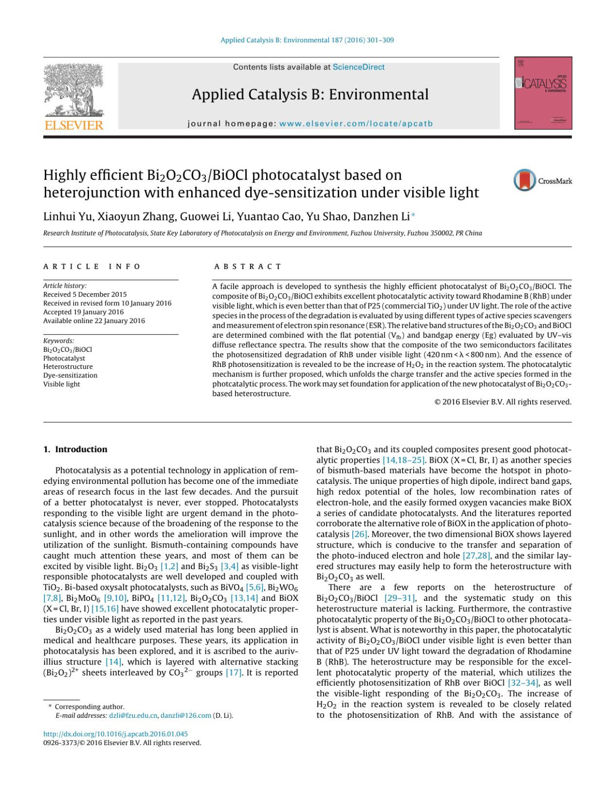 Highly Efficient Bi2o2co3biocl Photocatalyst Based On Heterojunction With Enhanced Dyesensitization Under Visible Light Linhui Yu Xiaoyun Zhang Guowei Li Yuantao Cao Yu Shao Danzhen Li