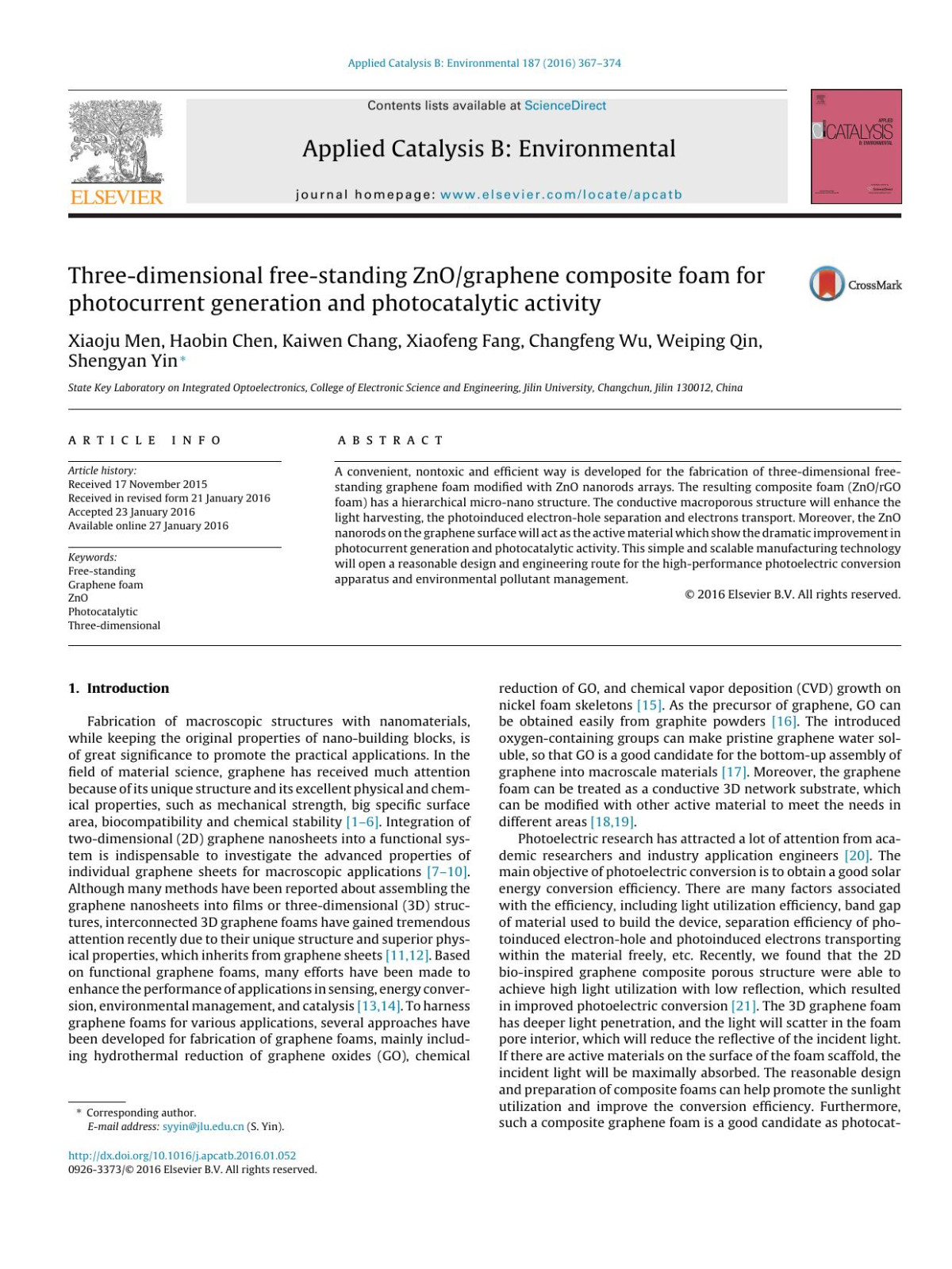 Threedimensional Freestanding Znographene Composite Foam For Photocurrent Generation And Photocatalytic Activity Xiaoju Men Haobin Chen Kaiwen Chang Xiaofeng Fang Changfeng Wu Weiping Qin Shengyan Yin