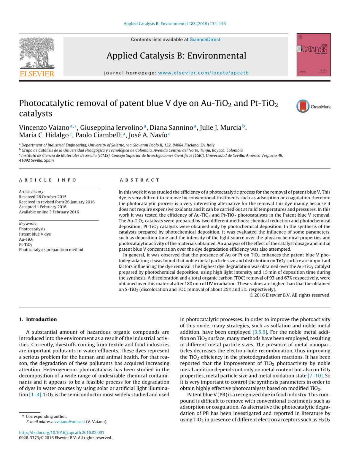 Photocatalytic Removal Of Patent Blue V Dye On Autio2 And Pttio2 Catalysts Vincenzo Vaiano Giuseppina Iervolino Diana Sannino Julie J Murcia Maria C Hidalgo Paolo Ciambelli Jos A Navo