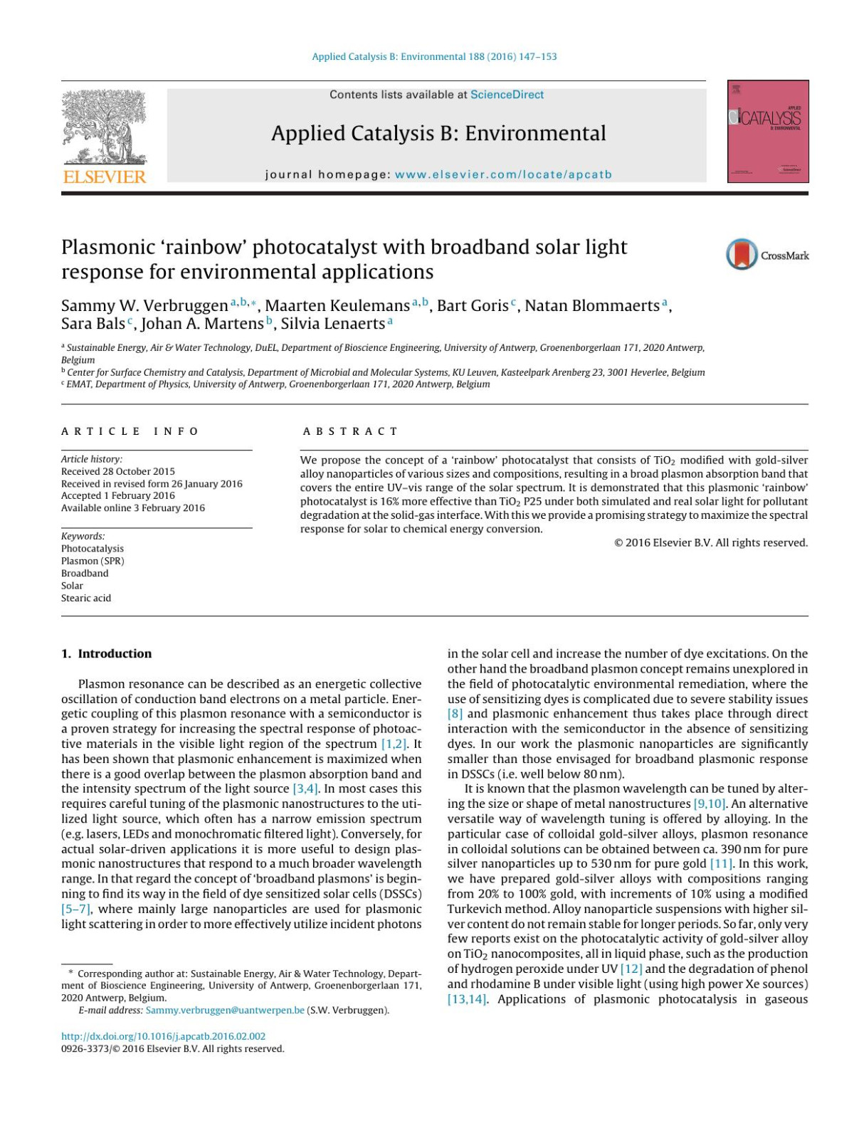 Plasmonic Rainbow Photocatalyst With Broadband Solar Light Response For Environmental Applications Sammy W Verbruggen Maarten Keulemans Bart Goris Natan Blommaerts Sara Bals Johan A Martens Silvia Lenaerts