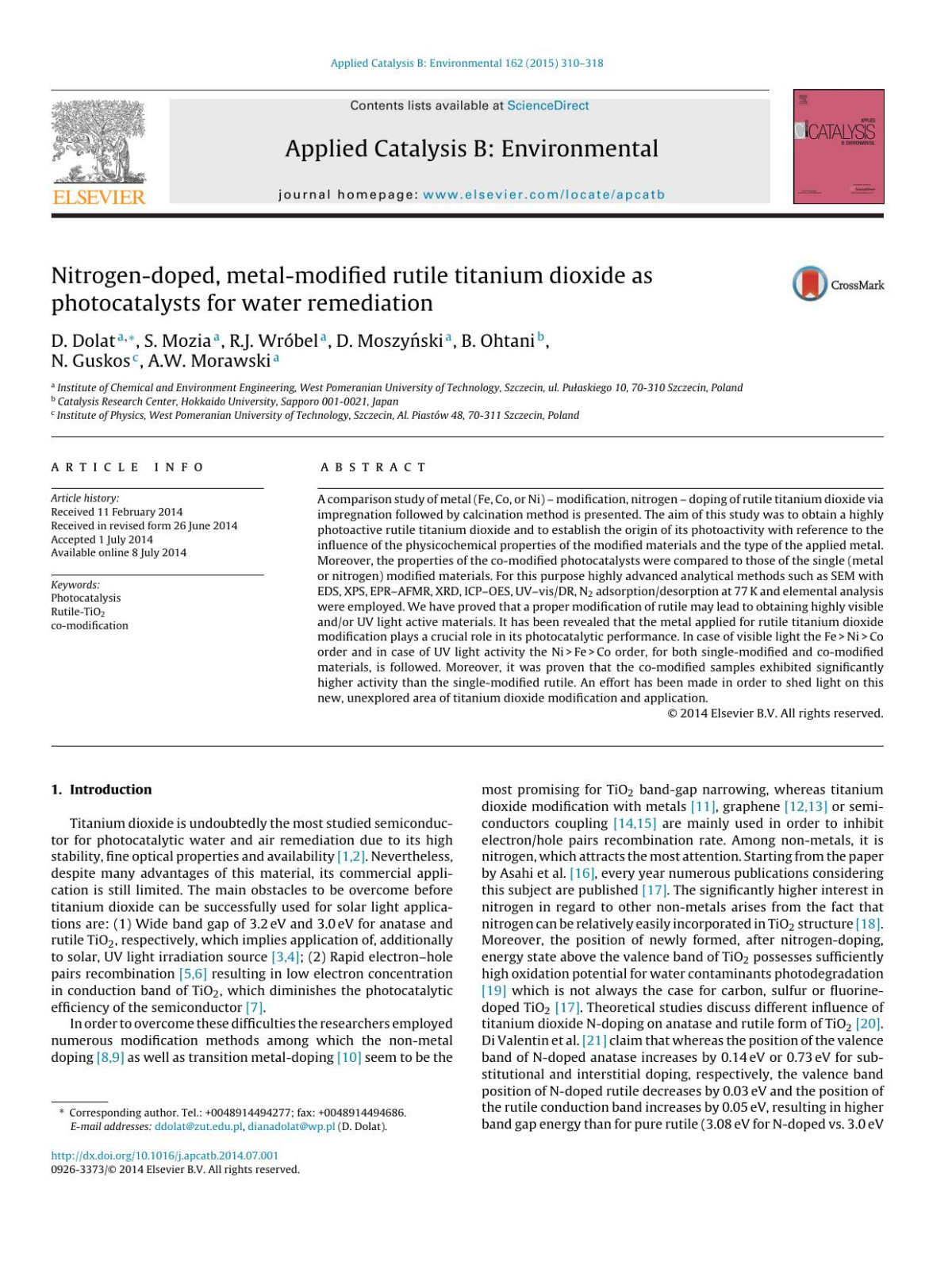 Nitrogendoped Metalmodified Rutile Titanium Dioxide As Photocatalysts For Water Remediation D Dolat S Mozia Rj Wrbel D Moszyski B Ohtani N Guskos Aw Morawski