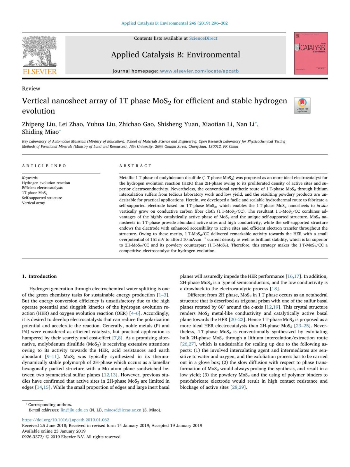 Vertical Nanosheet Array Of 1t Phase Mos2 For Efficient And Stable Hydrogen Evolution Zhipeng Liu Lei Zhao Yuhua Liu Zhichao Gao Shisheng Yuan Xiaotian Li Nan Li Shiding Miao