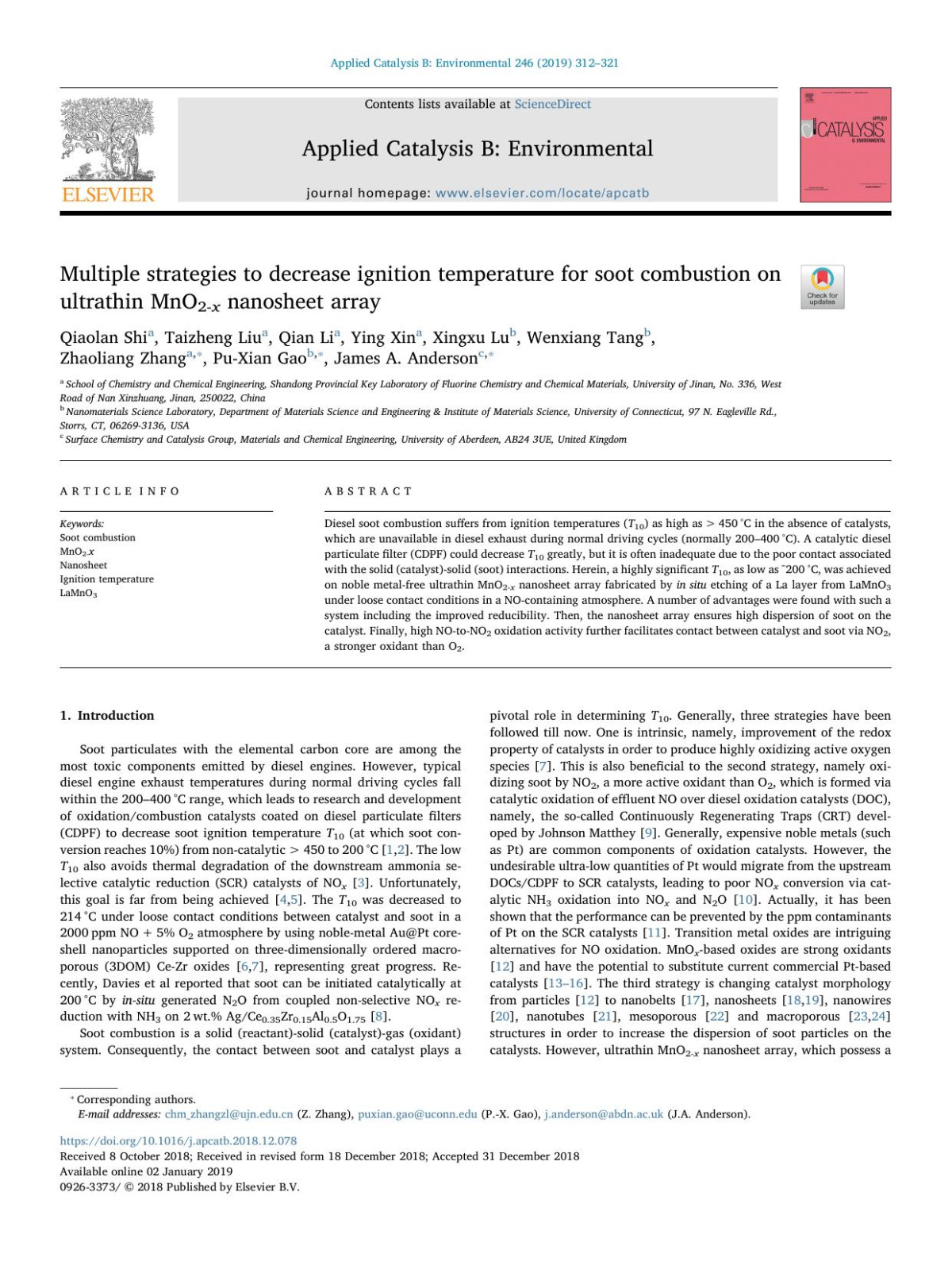Multiple Strategies To Decrease Ignition Temperature For Soot Combustion On Ultrathin Mno2x Nanosheet Array Qiaolan Shi Taizheng Liu Qian Li Ying Xin Xingxu Lu Wenxiang Tang Zhaoliang Zhang Puxian Gao James A Anderson