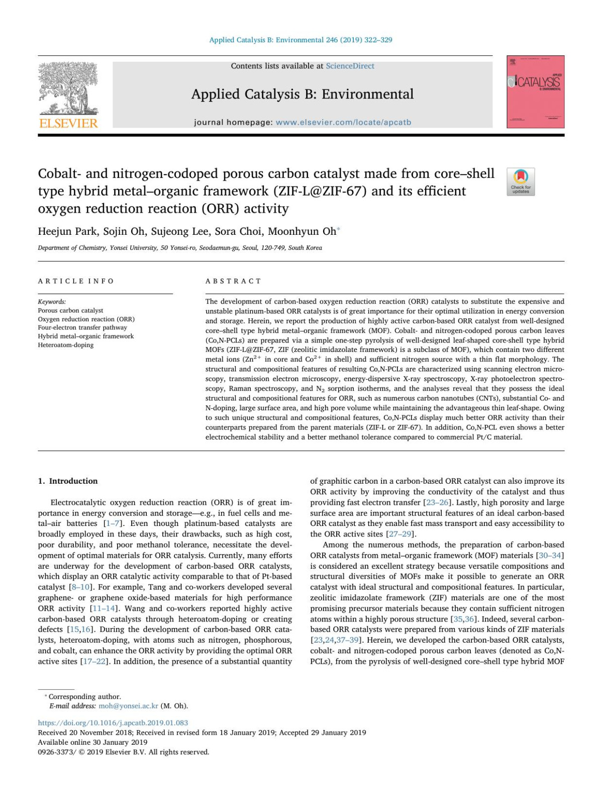 Cobalt And Nitrogencodoped Porous Carbon Catalyst Made From Coreshell Type Hybrid Metalorganic Framework Ziflzif67 And Its Efficient Oxygen Reduction Reaction Orr Activity Heejun Park Sojin Oh Sujeong Lee Sora Choi Moonhyun Oh