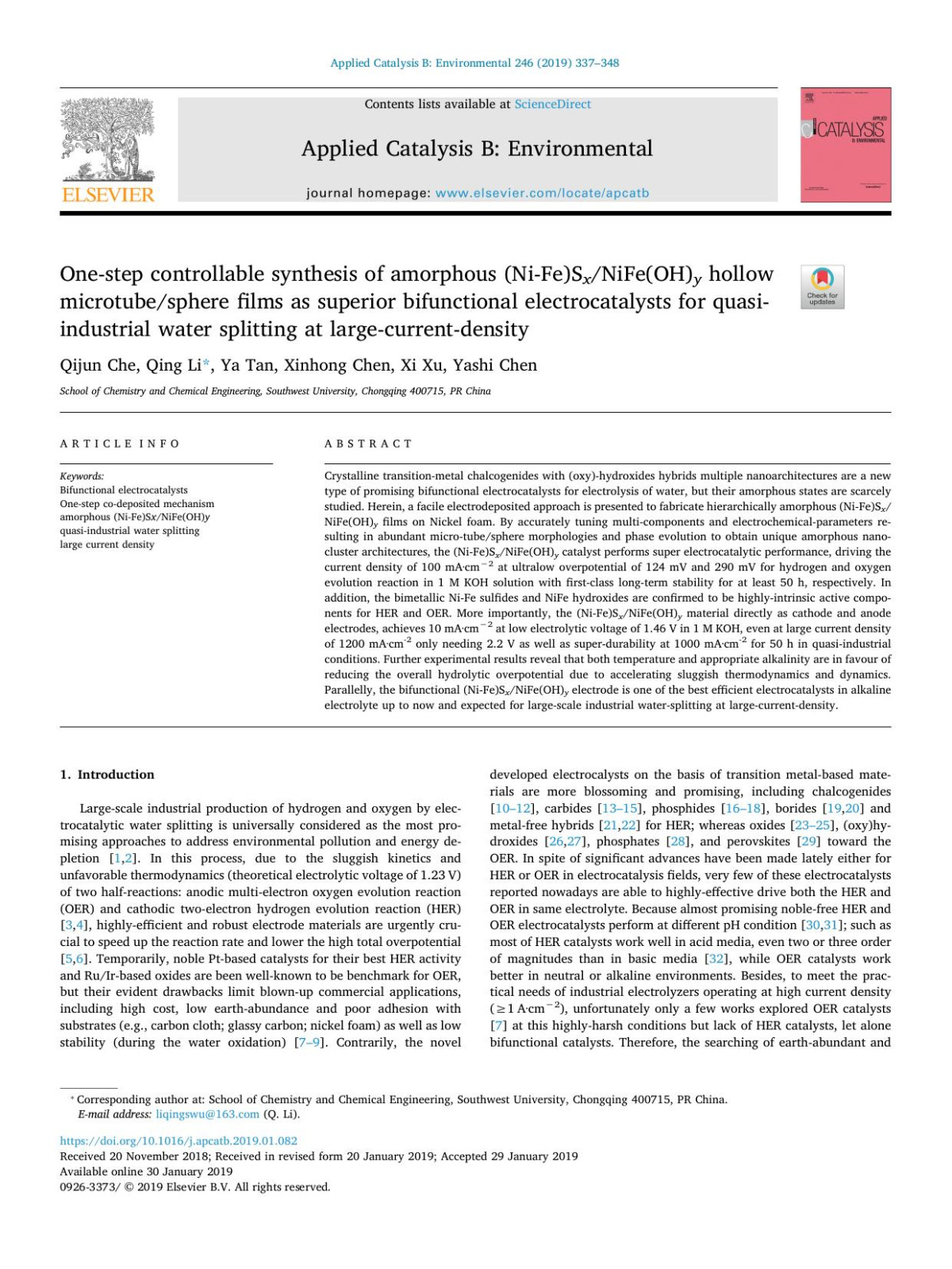 Onestep Controllable Synthesis Of Amorphous Nifesxnifeohy Hollow Microtubesphere Films As Superior Bifunctional Electrocatalysts For Quasiindustrial Water Splitting At Largecurrentdensity Qijun Che Qing Li Ya Tan Xinhong Chen Xi Xu Yashi Chen