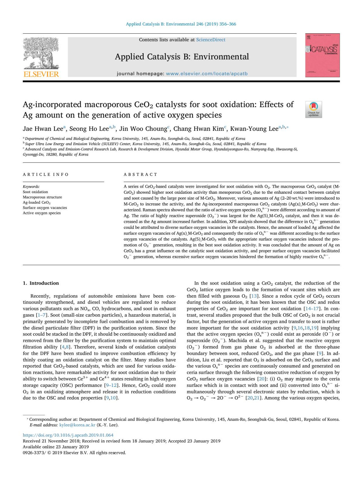 Agincorporated Macroporous Ceo2 Catalysts For Soot Oxidation Effects Of Ag Amount On The Generation Of Active Oxygen Species Jae Hwan Lee Seong Ho Lee Jin Woo Choung Chang Hwan Kim Kwanyoung Lee