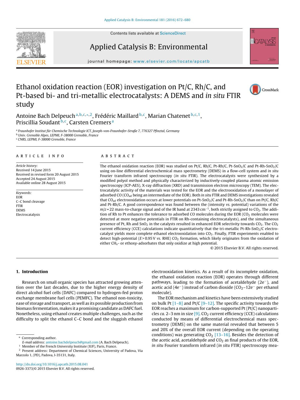 Ethanol Oxidation Reaction Eor Investigation On Ptc Rhc And Ptbased Bi And Trimetallic Electrocatalysts A Dems And In Situ Ftir Study Antoine Bach Delpeuch Frdric Maillard Marian Chatenet Priscillia Soudant Carsten Cremers