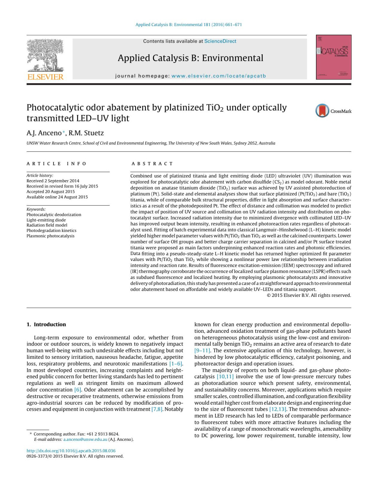 Photocatalytic Odor Abatement By Platinized Tio2 Under Optically Transmitted Leduv Light Aj Anceno Rm Stuetz