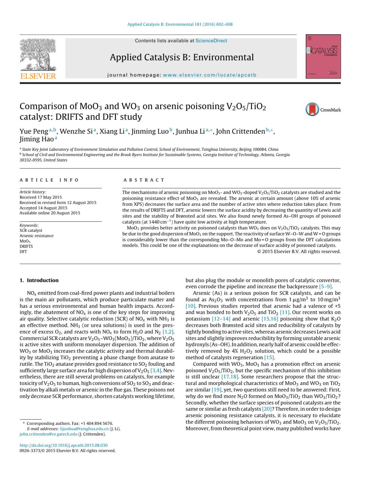 Comparison Of Moo3 And Wo3 On Arsenic Poisoning V2o5tio2 Catalyst Drifts And Dft Study Yue Peng Wenzhe Si Xiang Li Jinming Luo Junhua Li John Crittenden Jiming Hao