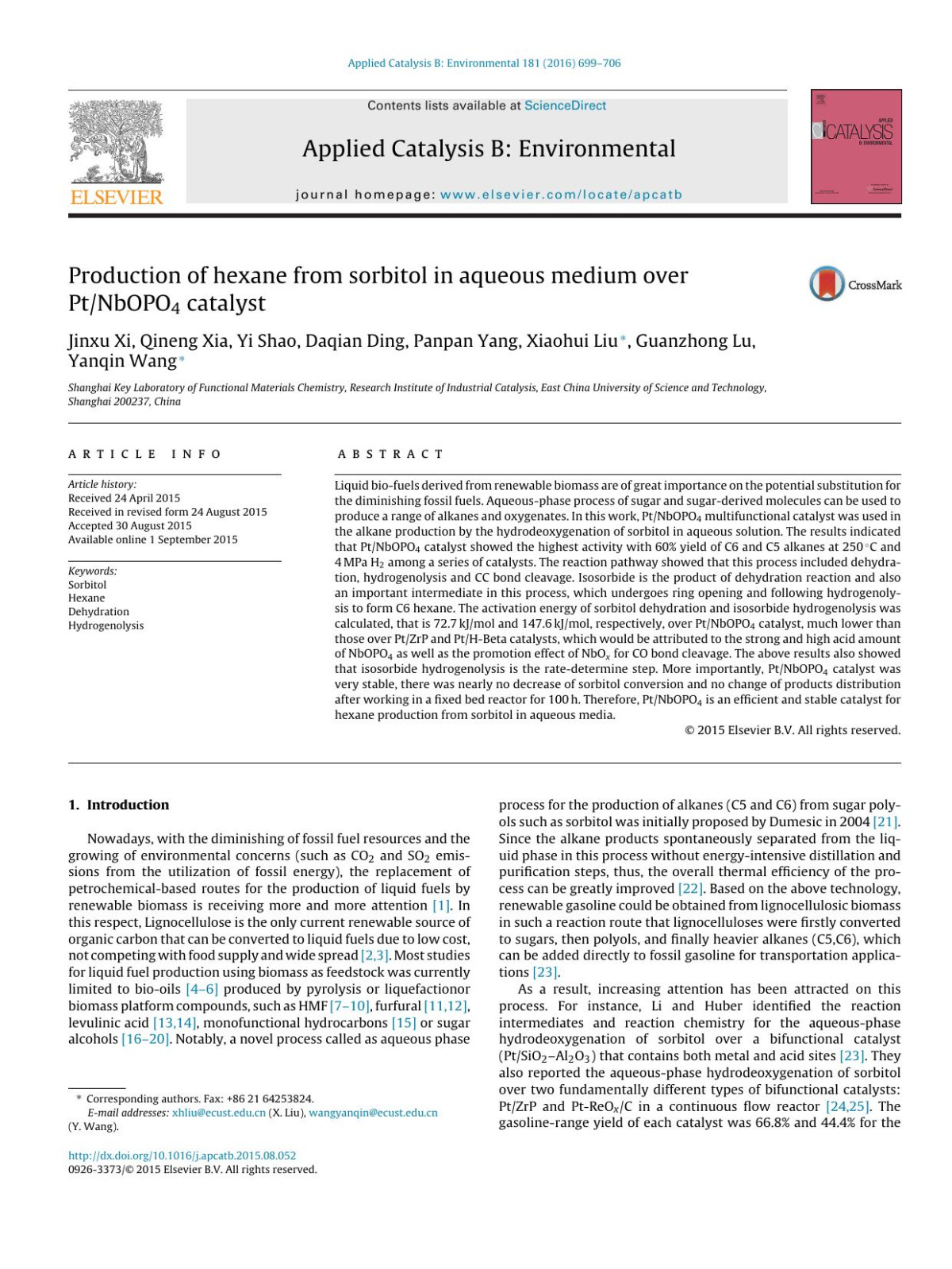Production Of Hexane From Sorbitol In Aqueous Medium Over Ptnbopo4 Catalyst Jinxu Xi Qineng Xia Yi Shao Daqian Ding Panpan Yang Xiaohui Liu Guanzhong Lu Yanqin Wang