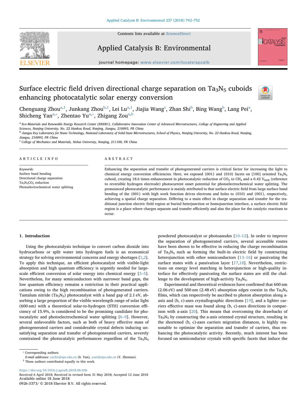 Surface Electric Field Driven Directional Charge Separation On Ta3n5 Cuboids Enhancing Photocatalytic Solar Energy Conversion Chenguang Zhou Junkang Zhou Lei Lu Jiajia Wang Zhan Shi Bing Wang Lang Pei Shicheng Yan Zhentaoyu Zhigang Zou