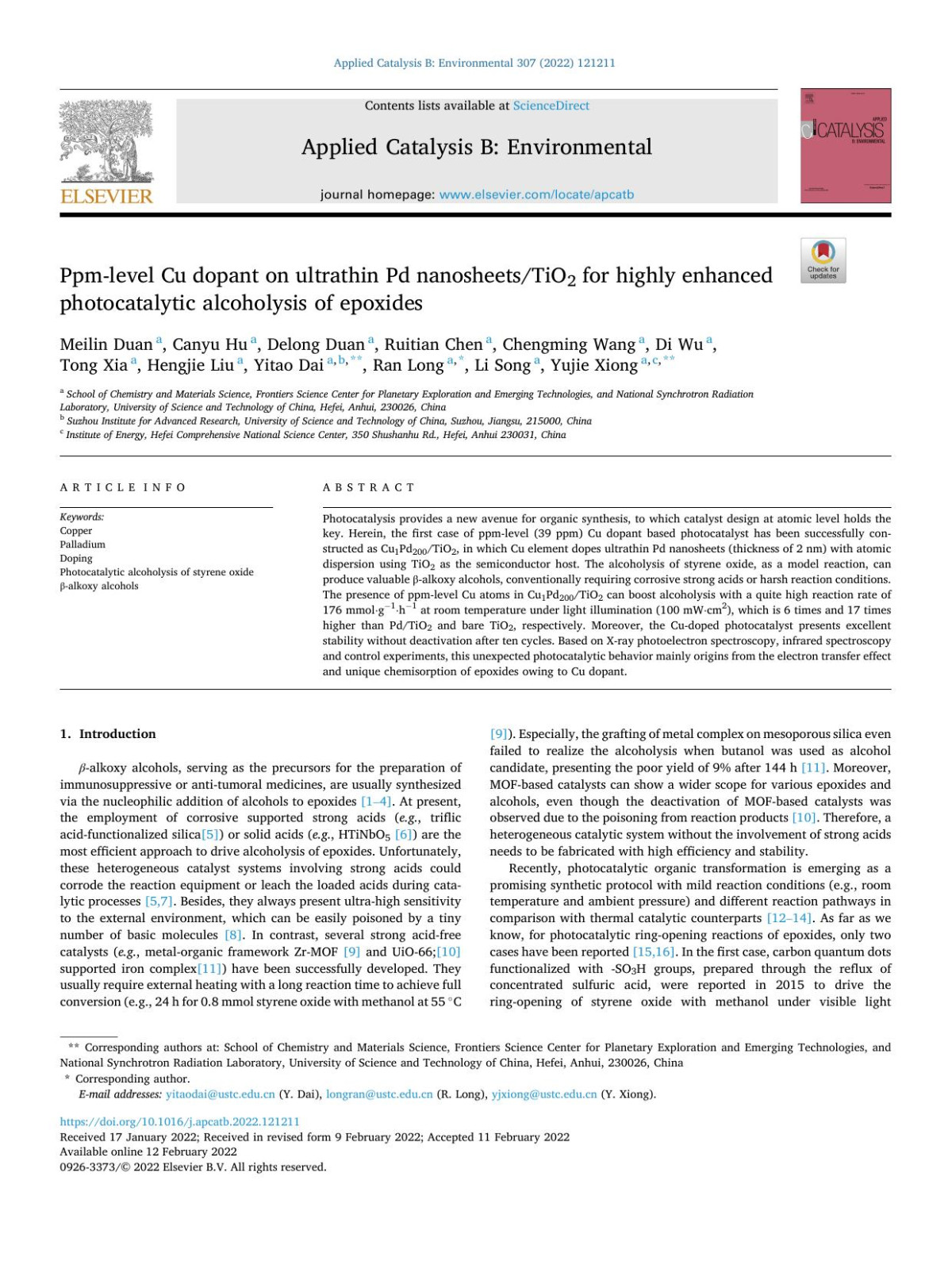 Ppmlevel Cu Dopant On Ultrathin Pd Nanosheetstio2 For Highly Enhanced Photocatalytic Alcoholysis Of Epoxides Meilin Duan