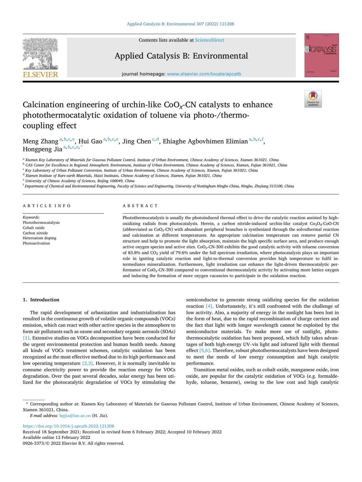 Calcination Engineering Of Urchinlike Coo X Cn Catalysts To Enhance Photothermocatalytic Oxidation Of Toluene Via Photothermo Coupling Effect Meng Zhang