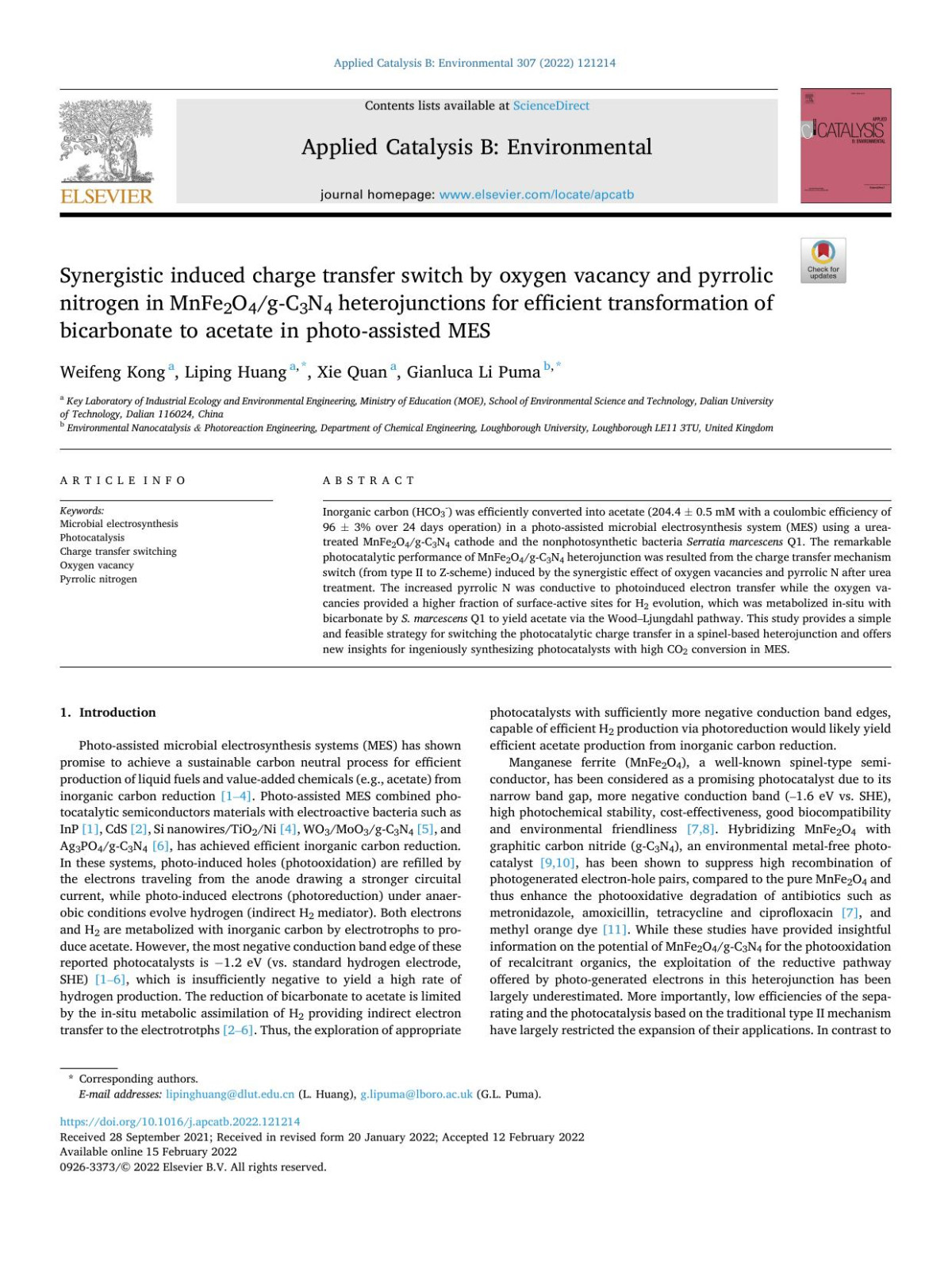 Synergistic Induced Charge Transfer Switch By Oxygen Vacancy And Pyrrolic Nitrogen In Mnfe2o4gc3n4 Heterojunctions For Efficient Transformation Of Bicarbonate To Acetate In Photoassisted Mes Weifeng Kong