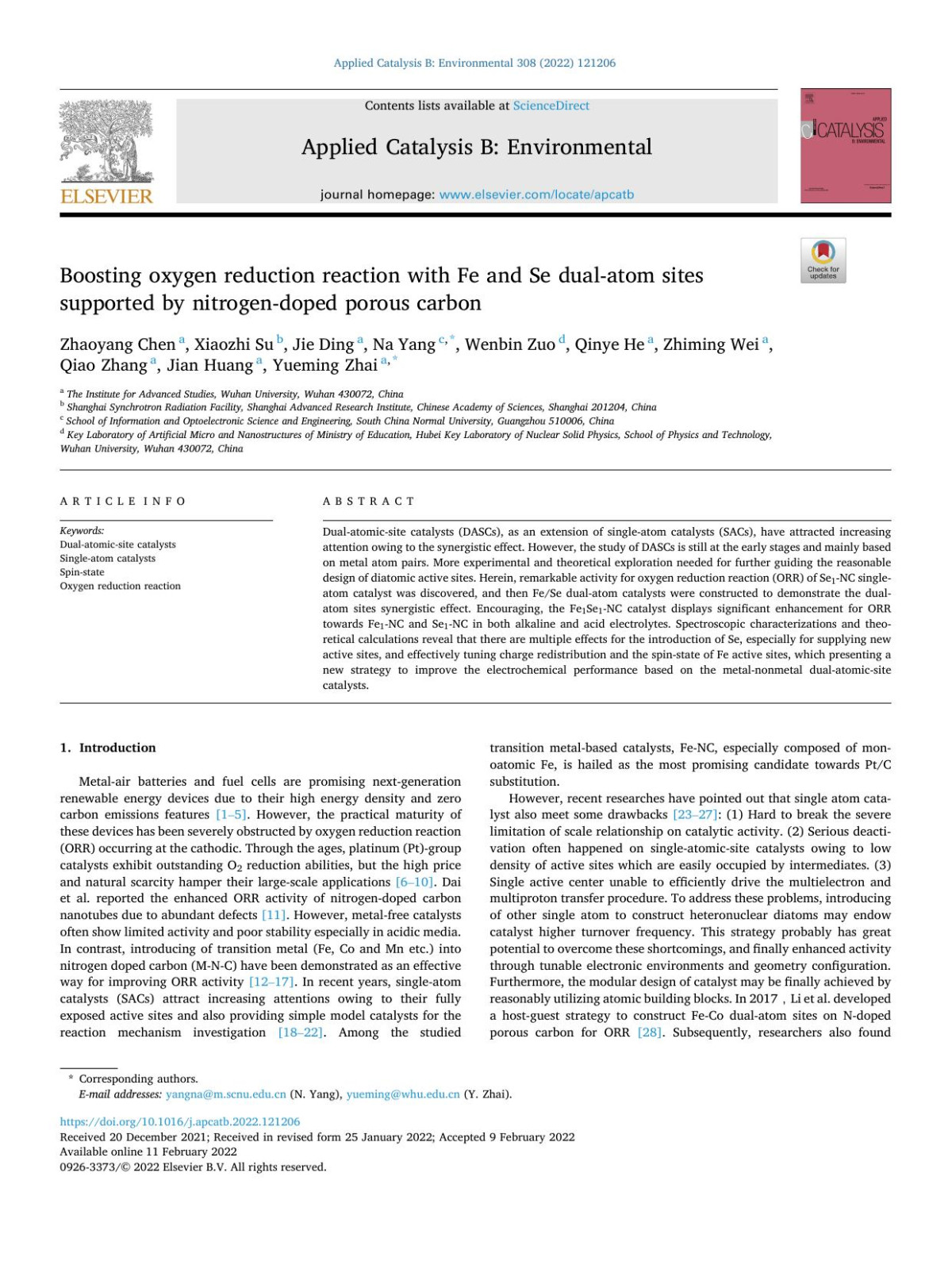 Boosting Oxygen Reduction Reaction With Fe And Se Dualatom Sites Supported By Nitrogendoped Porous Carbon Zhaoyang Chen