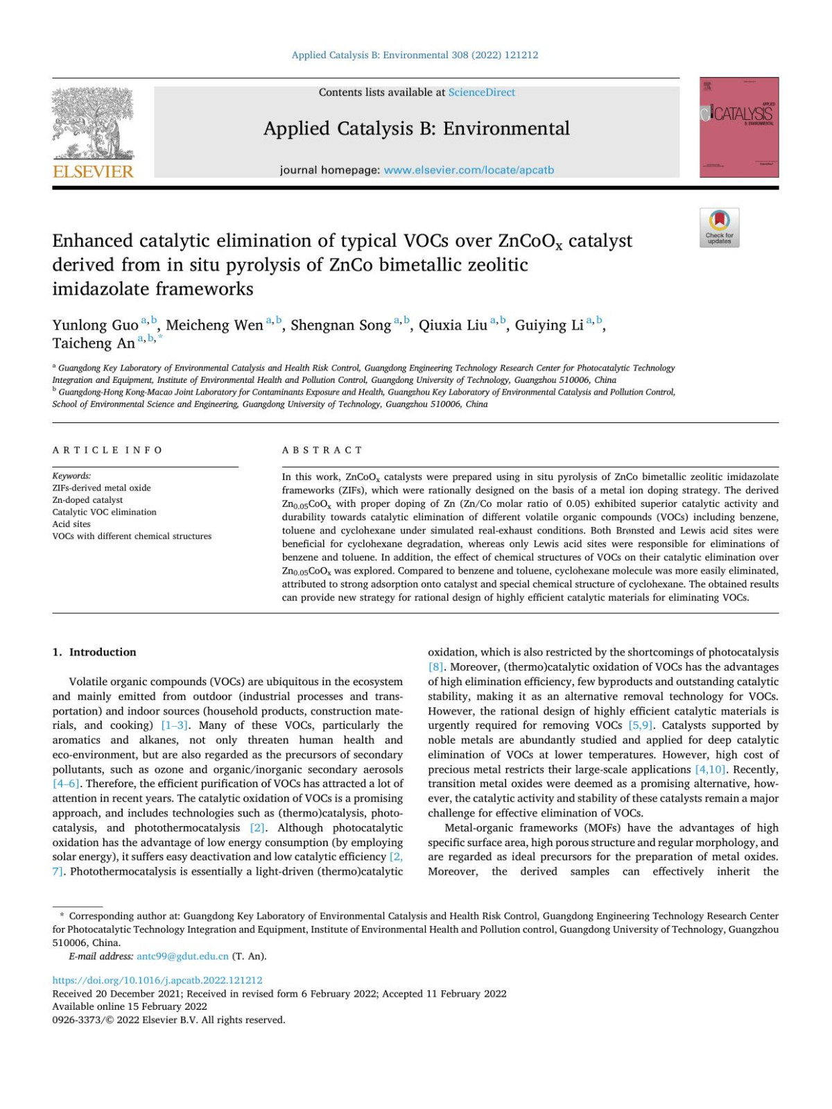 Enhanced Catalytic Elimination Of Typical Vocs Over Zncoox Catalyst Derived From In Situ Pyrolysis Of Znco Bimetallic Zeolitic Imidazolate Frameworks Yunlong Guo