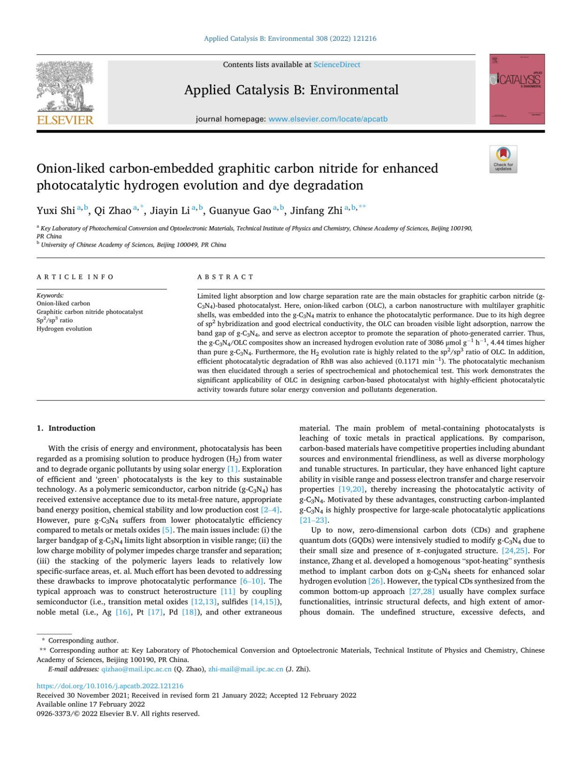 Onionliked Carbonembedded Graphitic Carbon Nitride For Enhanced Photocatalytic Hydrogen Evolution And Dye Degradation Yuxi Shi