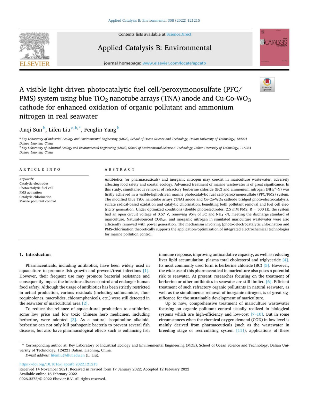 A Visiblelightdriven Photocatalytic Fuel Cellperoxymonosulfate Pfcpms System Using Blue Tio2 Nanotube Arrays Tna Anode And Cucowo3 Cathode For Enhanced Oxidation Of Organic Pollutant And Ammonium Nitrogen In Real Seawater Jiaqi Sun