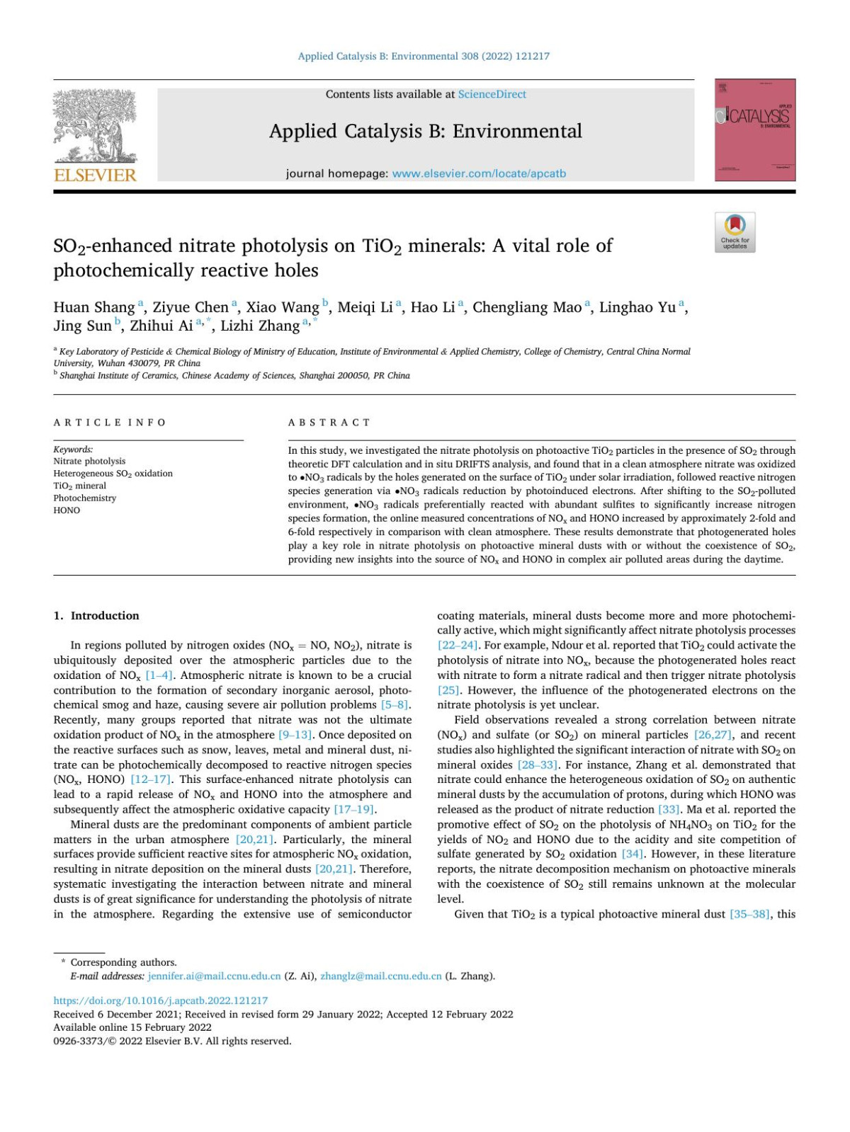 So2enhanced Nitrate Photolysis On Tio2 Minerals A Vital Role Of Photochemically Reactive Holes Huan Shang