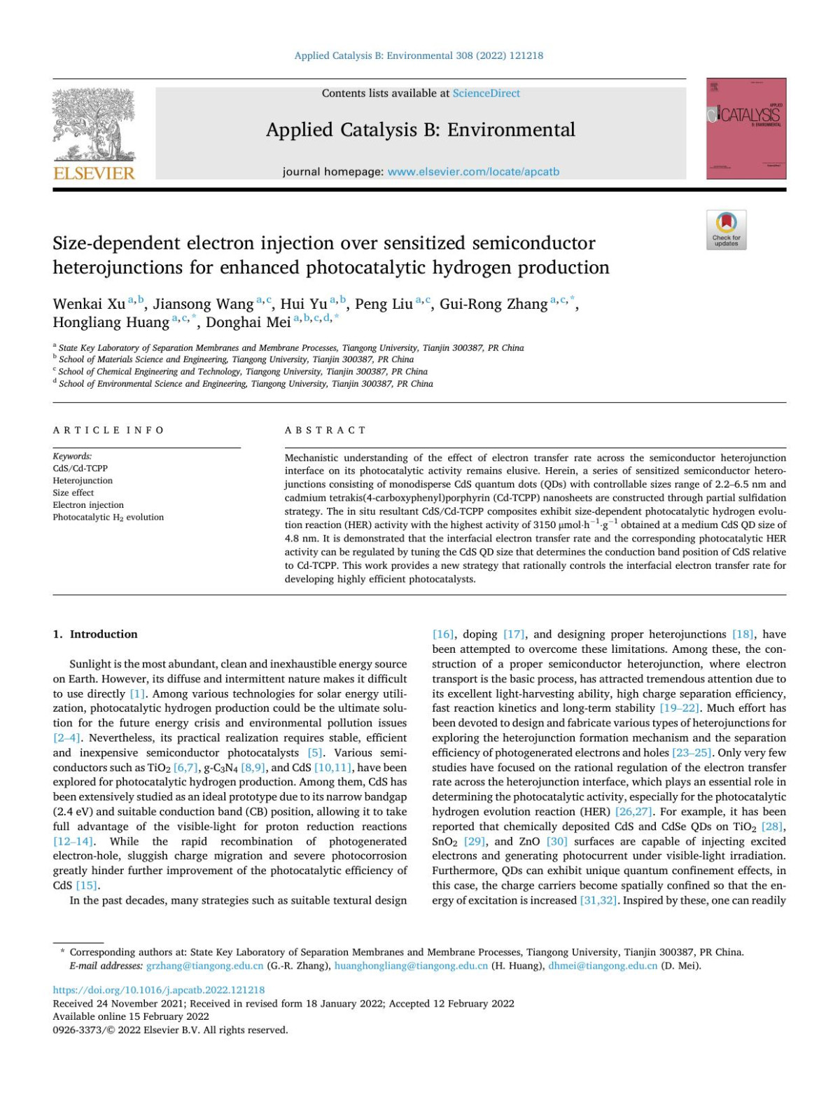 Sizedependent Electron Injection Over Sensitized Semiconductor Heterojunctions For Enhanced Photocatalytic Hydrogen Production Wenkai Xu
