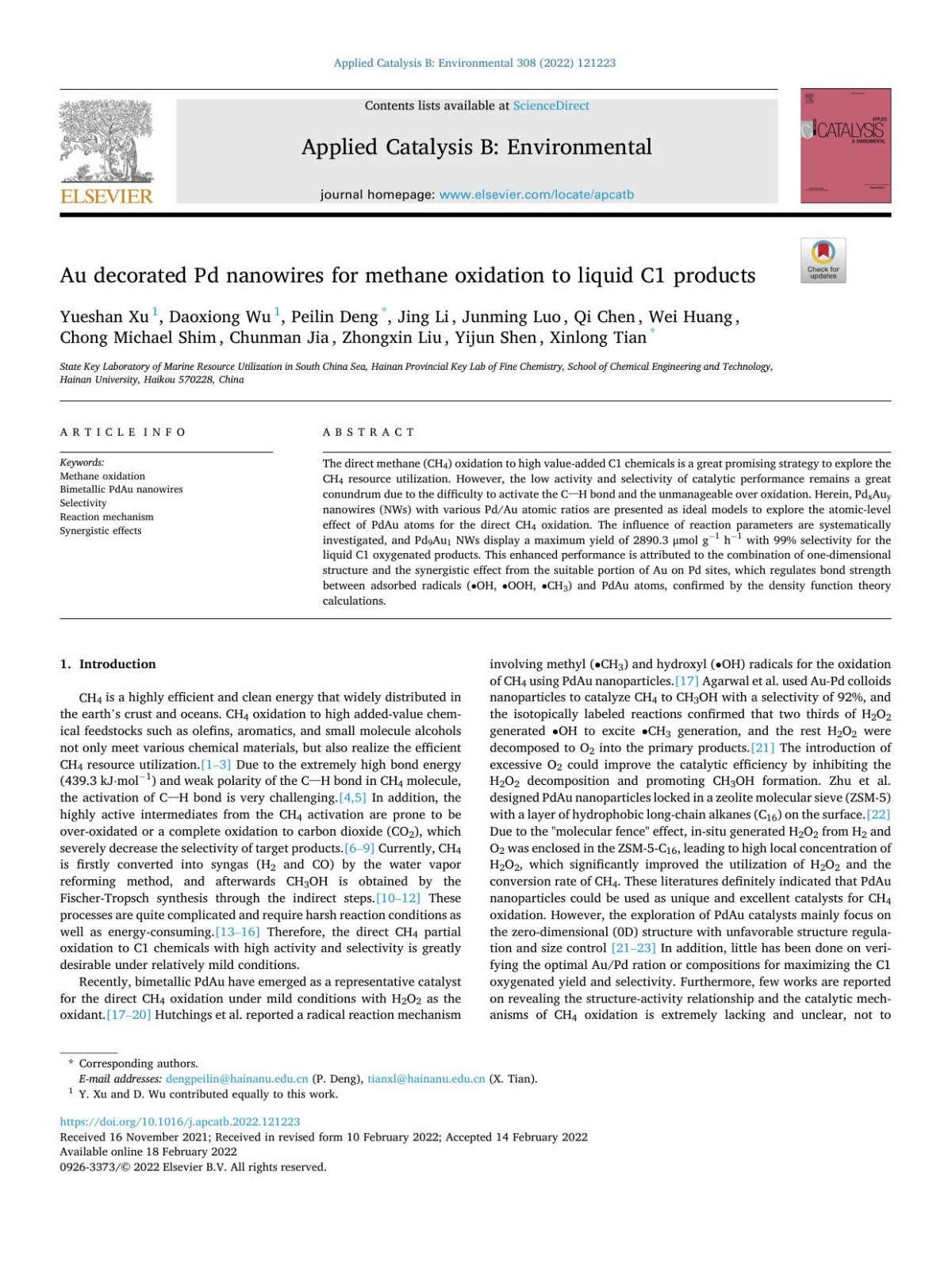 Au Decorated Pd Nanowires For Methane Oxidation To Liquid C1 Products Yueshan Xu