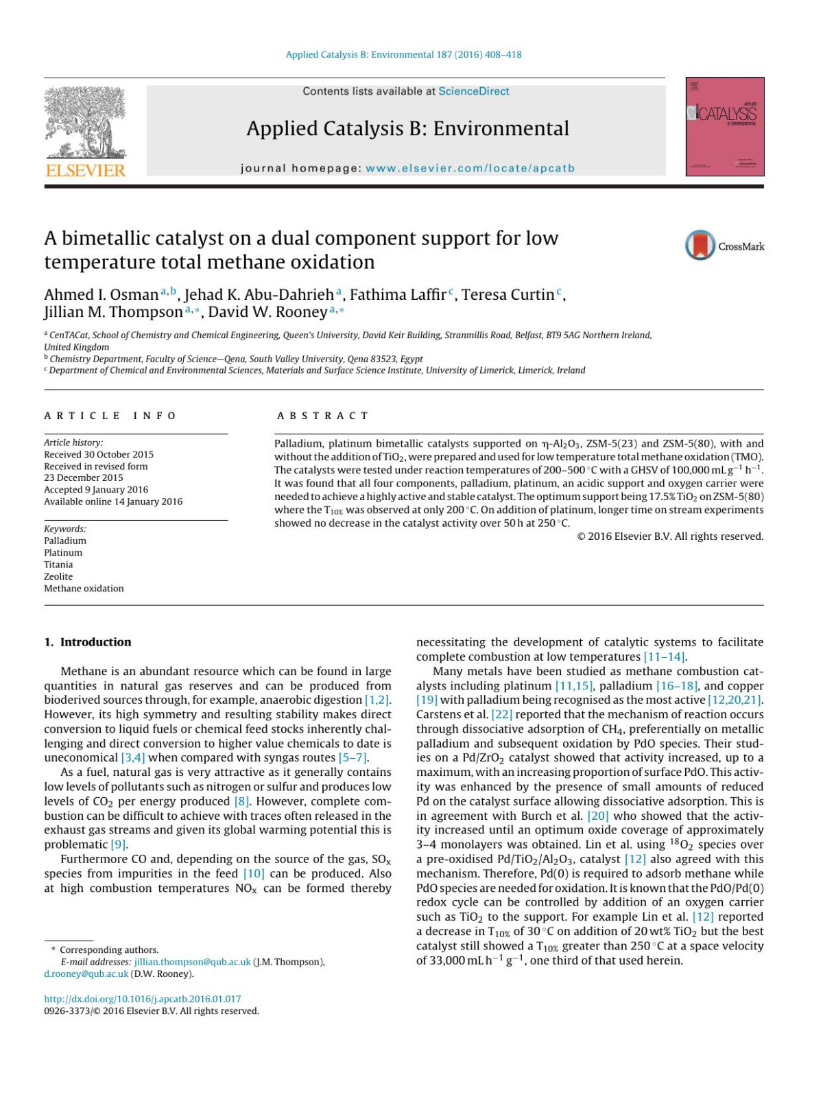 A Bimetallic Catalyst On A Dual Component Support For Low Temperature Total Methane Oxidation Ahmed I Osman Jehad K Abudahrieh Fathima Laffir Teresa Curtin Jillian M Thompson David W Rooney