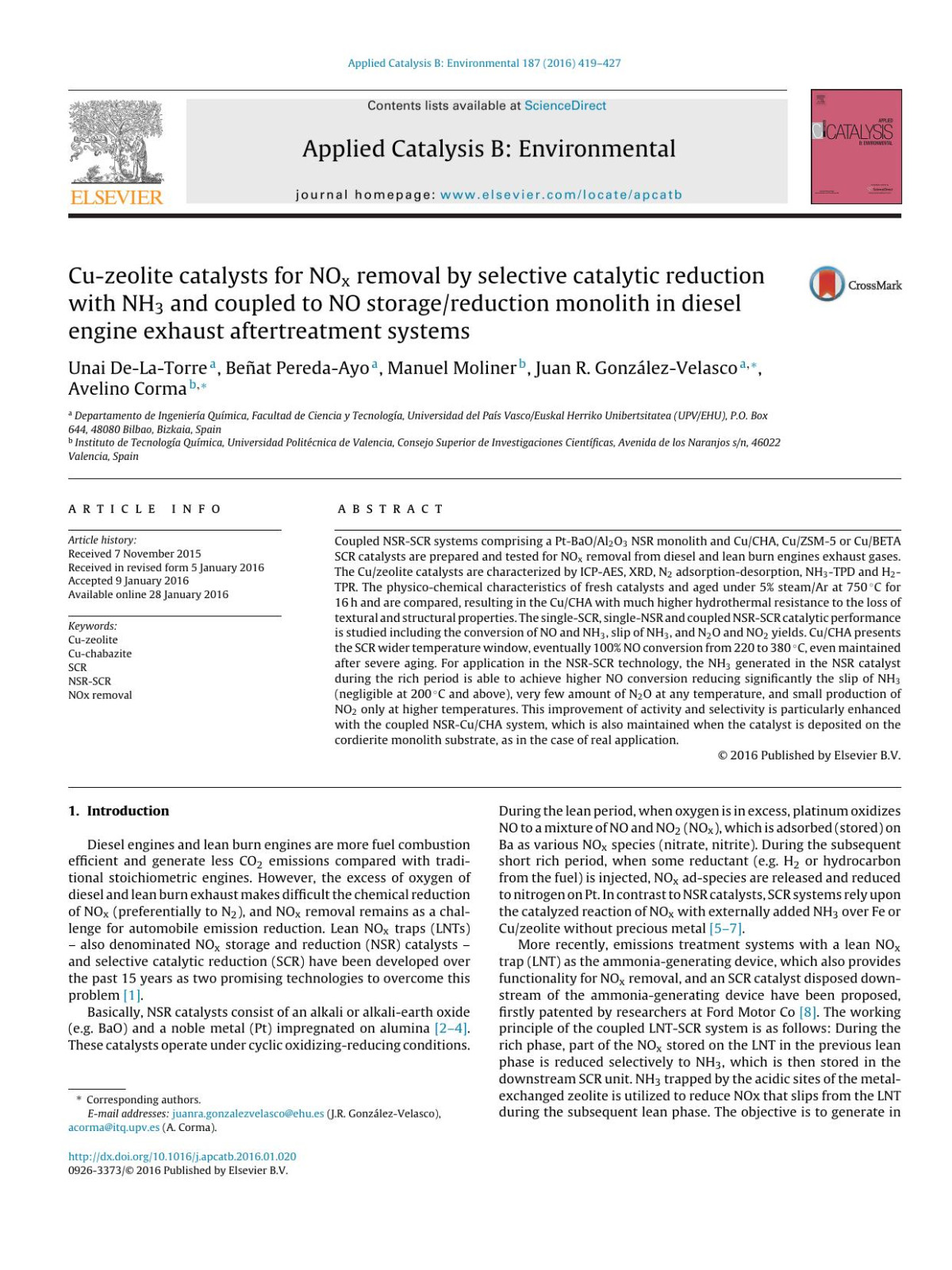 Cuzeolite Catalysts For Nox Removal By Selective Catalytic Reduction With Nh3 And Coupled To No Storagereduction Monolith In Diesel Engine Exhaust Aftertreatment Systems Unai Delatorre Beat Peredaayo Manuel Moliner Juan R Gonzlezvelasco Avelino Corma