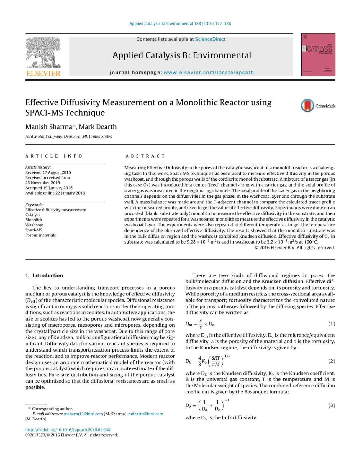 Effective Diffusivity Measurement On A Monolithic Reactor Using Spacims Technique Manish Sharma Mark Dearth