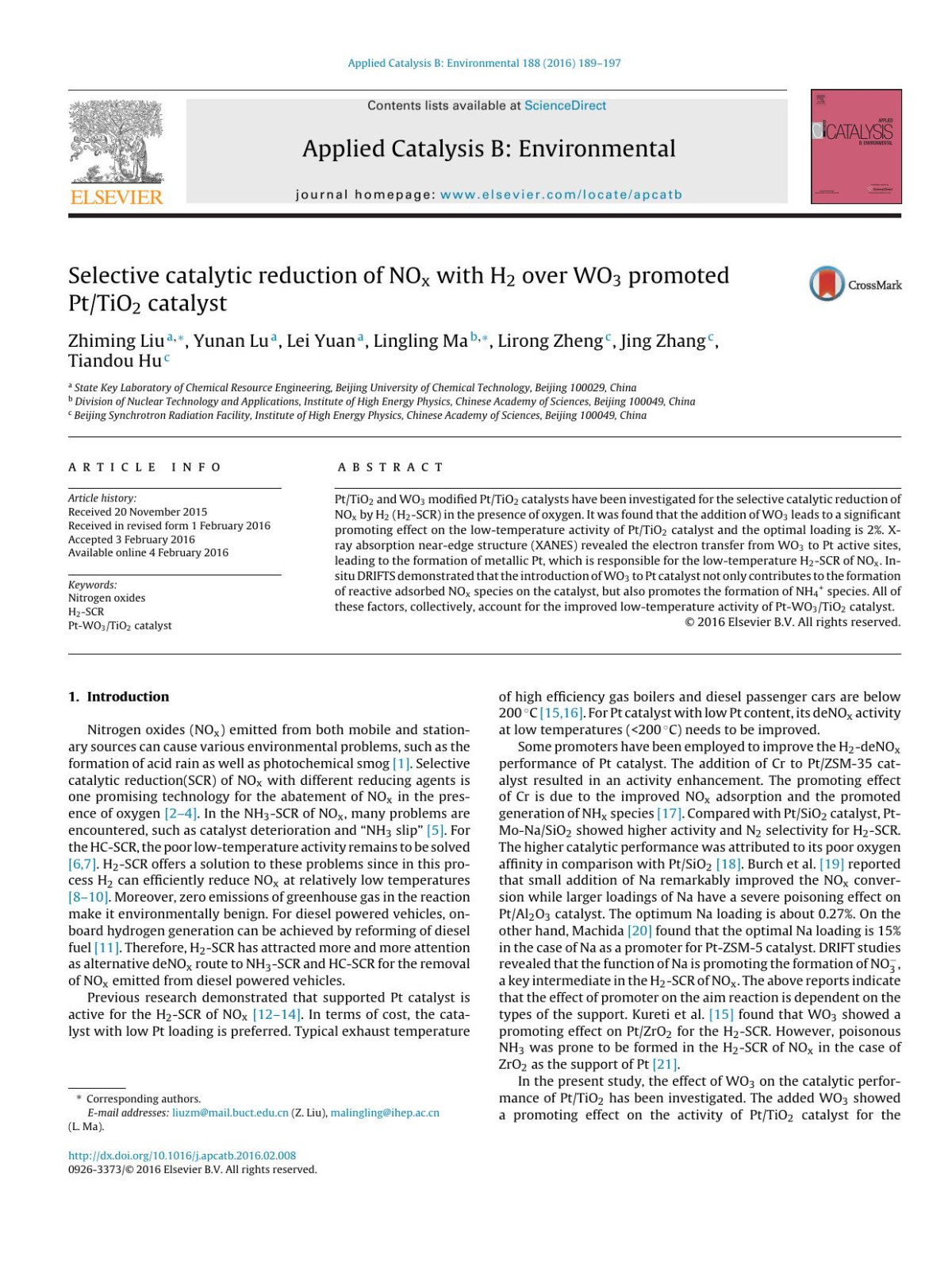 Selective Catalytic Reduction Of Nox With H2 Over Wo3 Promoted Pttio2 Catalyst Zhiming Liu Yunan Lu Lei Yuan Lingling Ma Lirong Zheng Jing Zhang Tiandou Hu