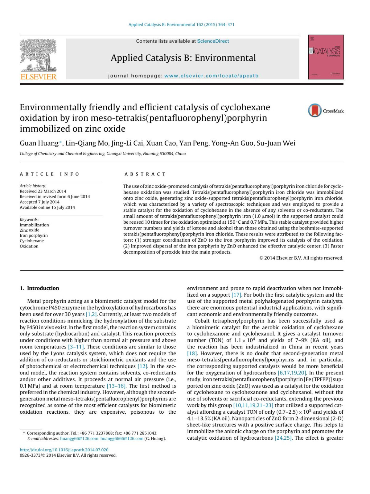 Environmentally Friendly And Efficient Catalysis Of Cyclohexane Oxidation By Iron Mesotetrakispentafluorophenylporphyrin Immobilized On Zinc Oxide Guan Huang Linqiang Mo Jingli Cai Xuan Cao Yan Peng Yongan Guo Sujuan Wei